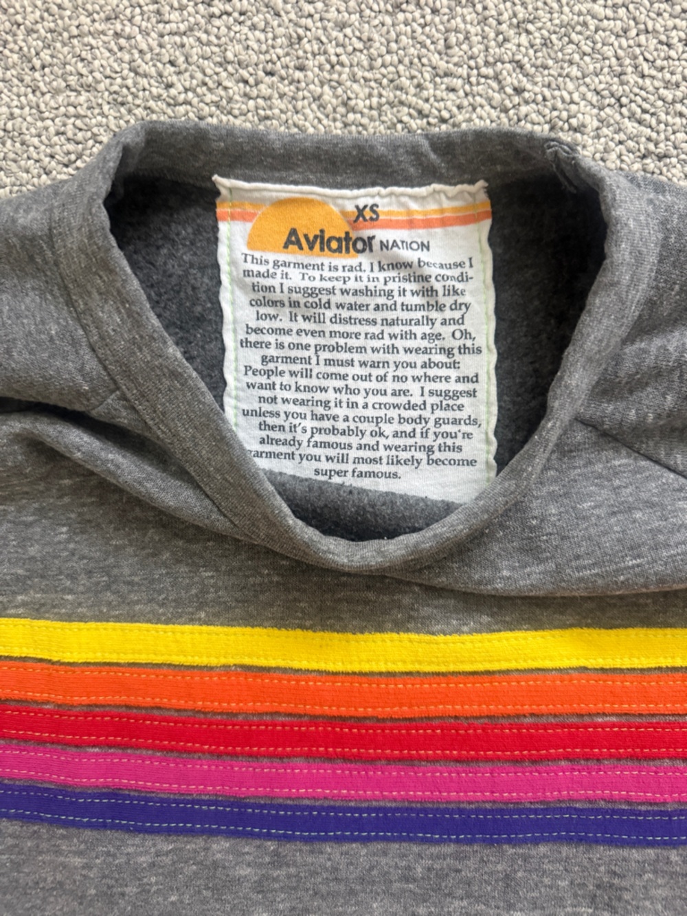 Aviator Nation Gray Crewneck with Red Orange Yellow Pink Purple Stripes - Picture 2 of 5